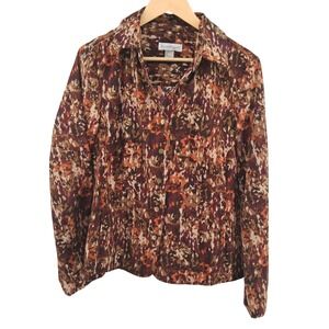 Christopher & Banks Womens Jacket Sz L Fall Abstract Snap Button Up Brown Orange